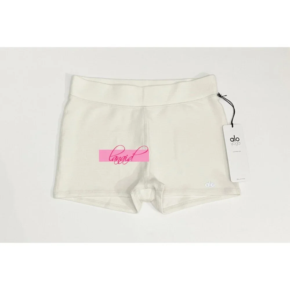 Alo Microwaffle Pleasant Boyshort Ivory Cream Waffle Thermal Mini Stretch Shorts